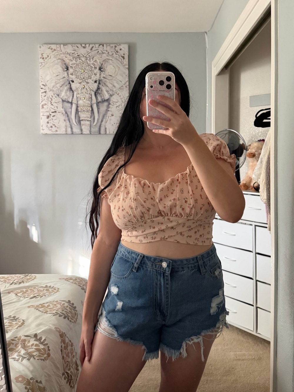 Floral Peachy Pink Tie-Back Puff Sleeve Crop Wrap Top L Large